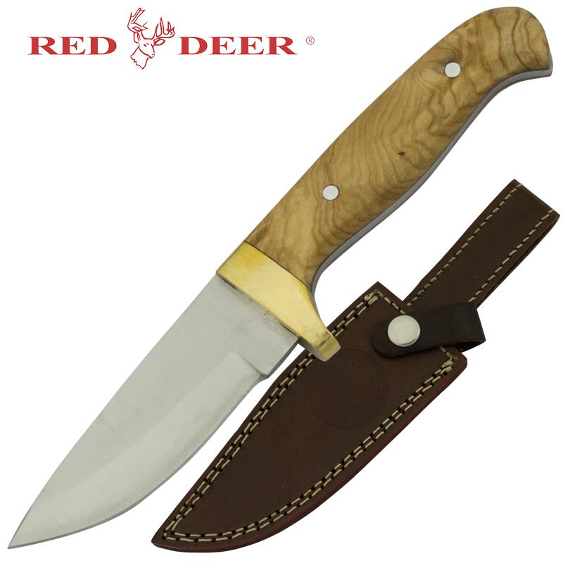 8" Red Deer Fixed Blade Hunting Knife with Wooden Handle & Sheath - AnyTime Blades
