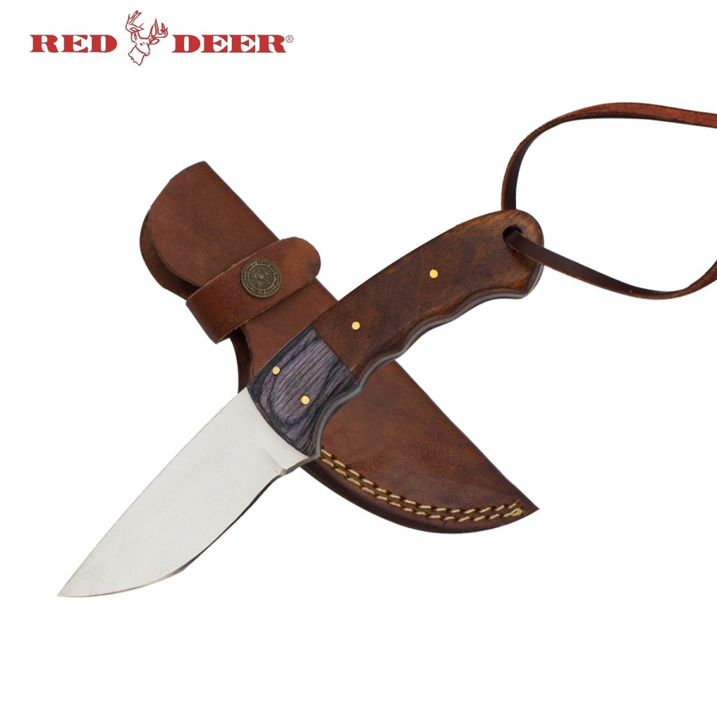 8" Red Deer Full Tang Dual Wood 2 Toned Wood Handle Hunting Knife with Leather Sheath - AnyTime Blades
