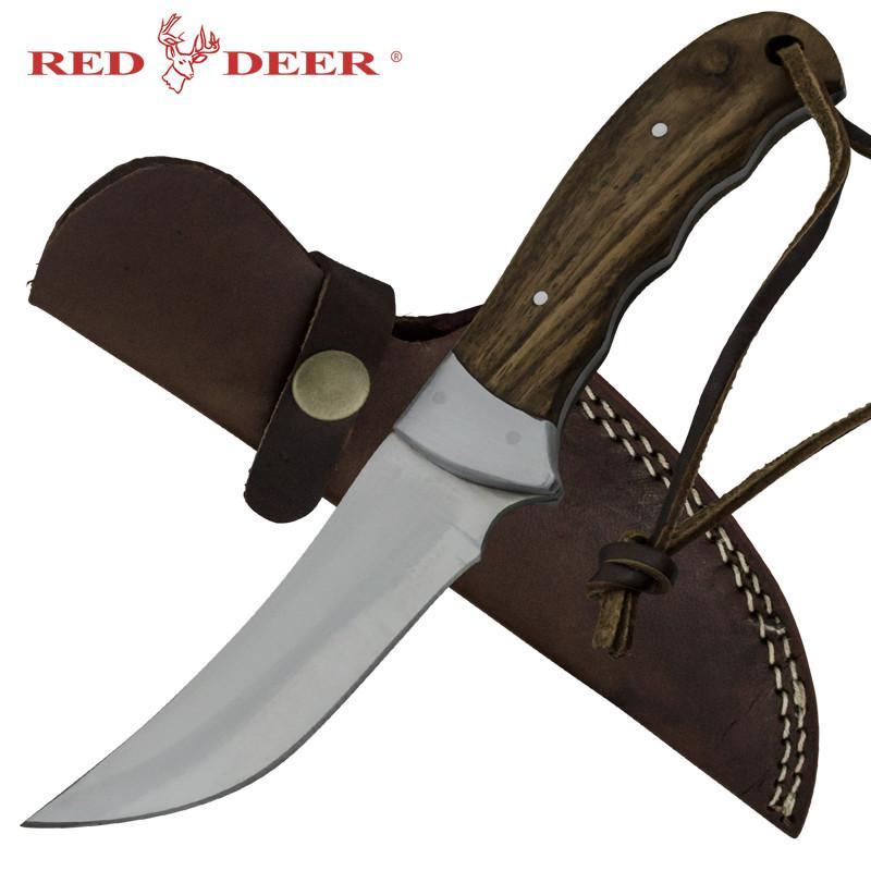 8" Red Deer Full Tang Goose Grazer Pakka Wood Handle Hunting Knife with Leather Sheath - AnyTime Blades