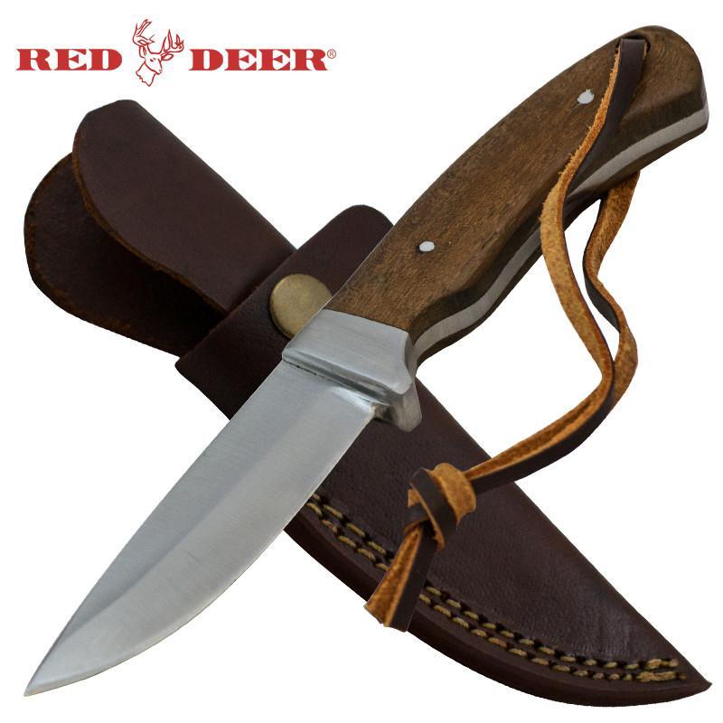 8" Red Deer Full Tang Pakka Wood Hunting Knife with Leather Sheath - AnyTime Blades