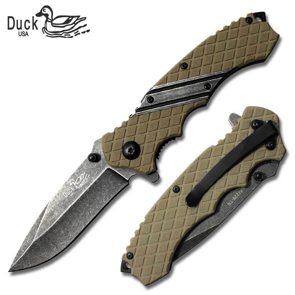 8" Tactical Assisted Open Pocket Knife with Tan G10 Handle and Stone Wash Blade - AnyTime Blades