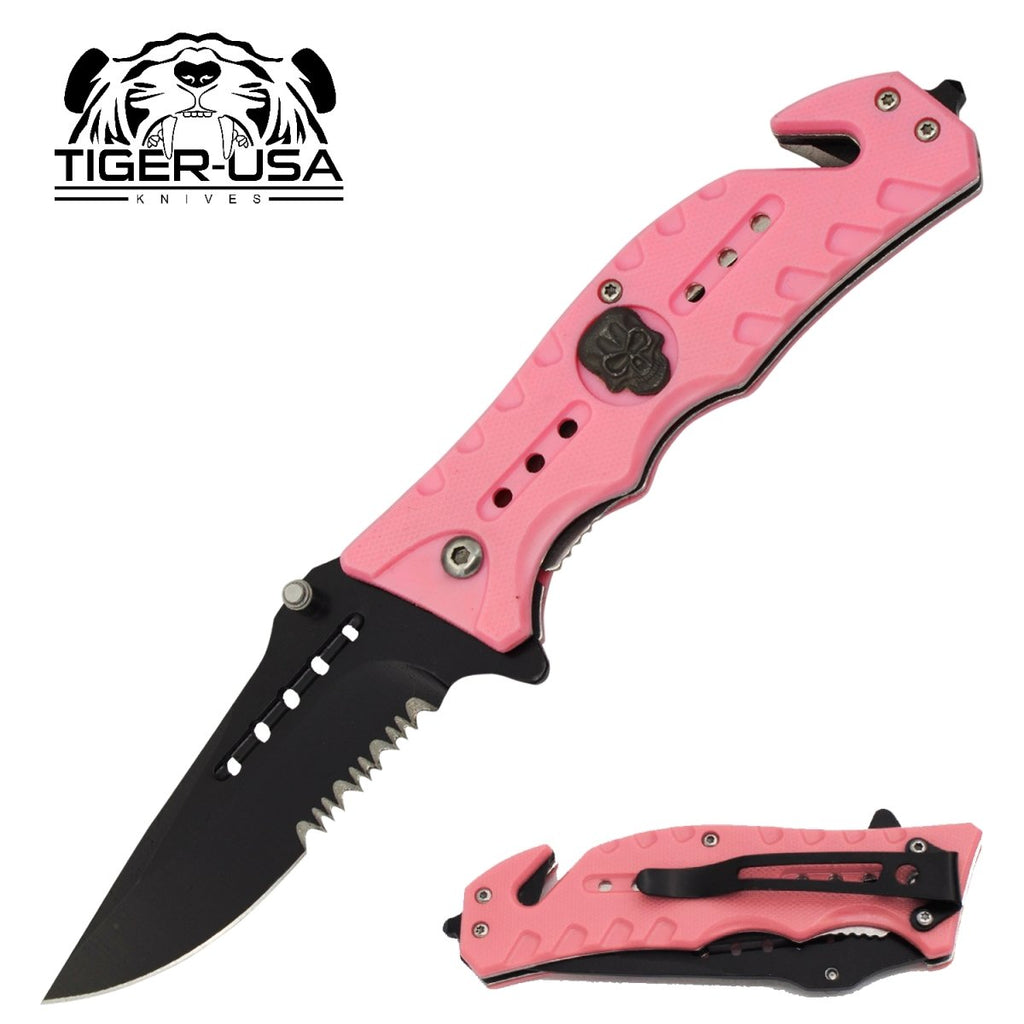 8" Tactical Rescue Skull Assisted Opening Pocket Knife with Pink Handle Skull Emblem Half Serrated Black Blade - AnyTime Blades