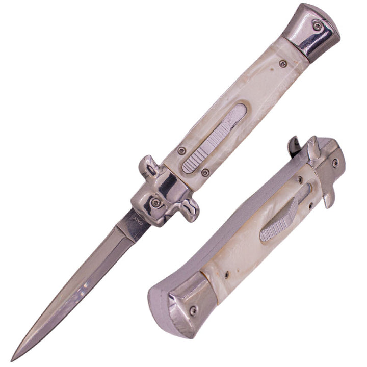 8.75 Inch Automatic OTF Stiletto Available in Black, Blue Pearl, White Pearl, Wood, Golden Pearl, and Snake Skin Acrylic Handles - AnyTime Blades