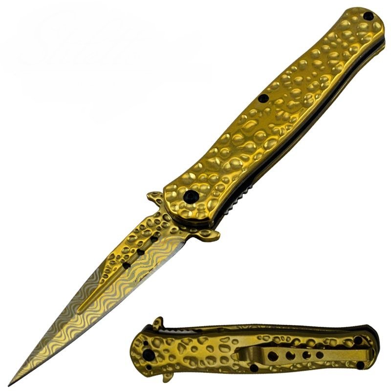 8.5" All Gold Assisted Opening Pocket Knife Texture Handle - AnyTime Blades