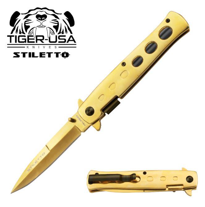 8.5 Inch stiletto style Milano Trigger Action Knife - Gold/Black - AnyTime Blades