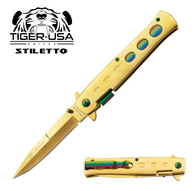 8.5 Inch stiletto style Milano Trigger Action Knife - Gold/Rainbow - AnyTime Blades