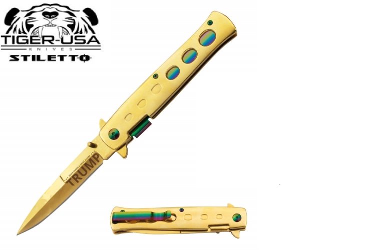 8.5 Inch Trump" Make America Great Again" stiletto style Milano Trigger Action Knife - Gold/Rainbow - AnyTime Blades