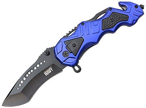 8.5" Officially Licensed U.S. Navy Blue Handle Assisted Opening Tactical Rescue Pocket Knife - AnyTime Blades