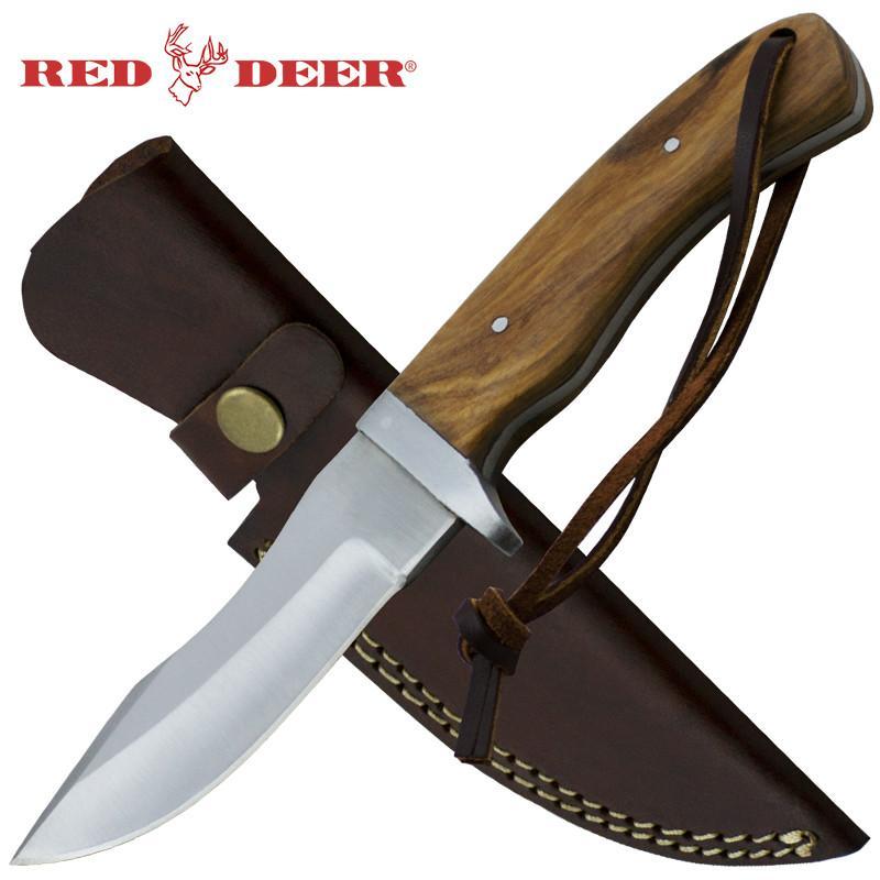 8.5" Red Deer Full Tang Brown Pakka Wood Hunting Knife with Leather Sheath - AnyTime Blades