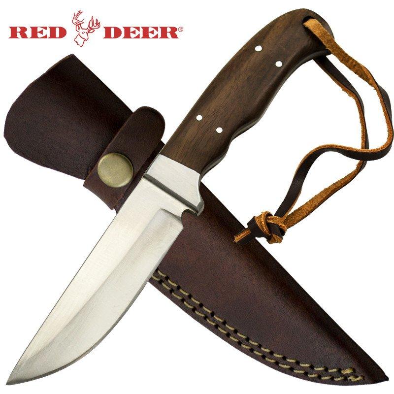 8.5" Red Deer Full Tang Pakka Wood Hunting Knife with Leather Sheath - AnyTime Blades