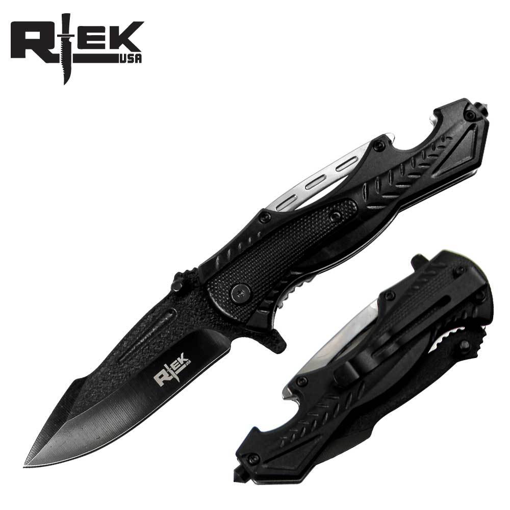 8.5" RTek High Performance Assisted Open Rescue Pocket Knife All Black with Bottle Opener - AnyTime Blades