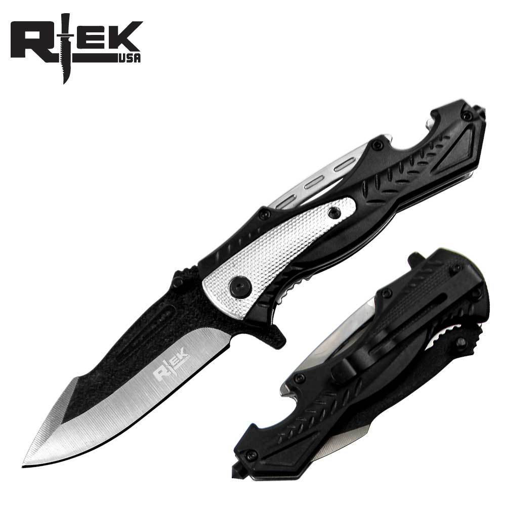 8.5" RTek High Performance Assisted Open Rescue Pocket Knife Black and Silver with Bottle Opener - AnyTime Blades