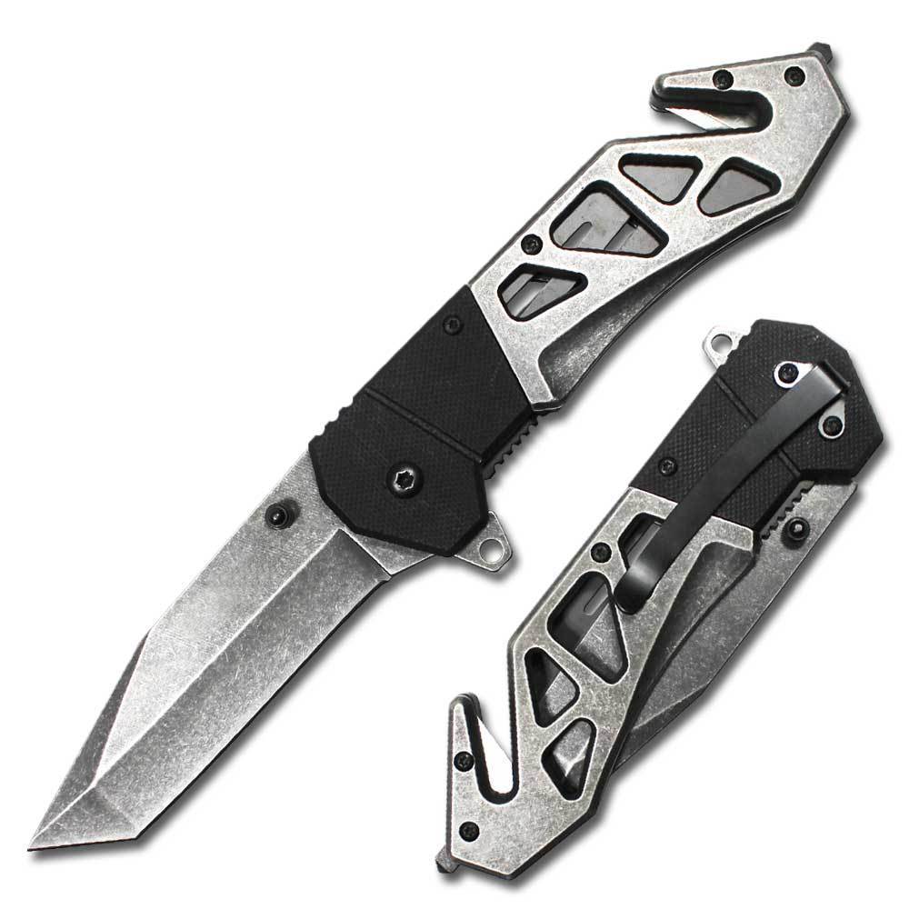 8.5" Tactical Assisted Open Rescue Pocket Knife with Black G10 and Stone Wash Handle and Tanto Stone Wash Blade - AnyTime Blades
