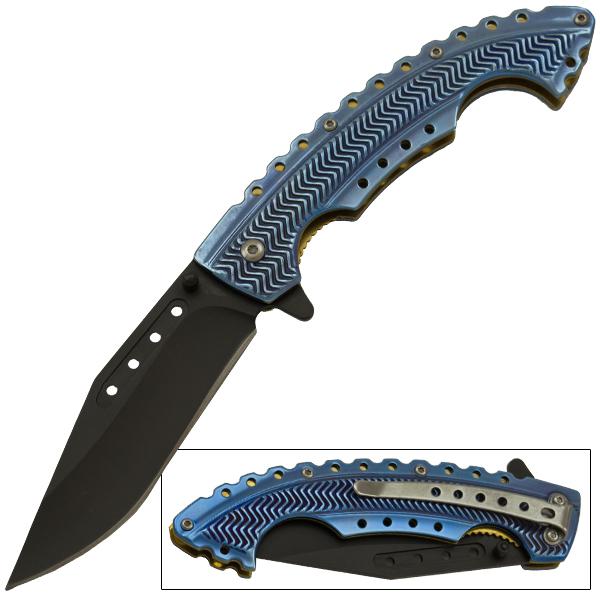 8.75" Blue Handle & Black Blade Bowie Style Assisted Opening Pocket Knife - AnyTime Blades
