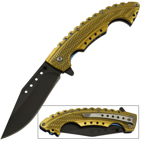 8.75" Gold Handle & Black Blade Bowie Style Assisted Opening Pocket Knife - AnyTime Blades