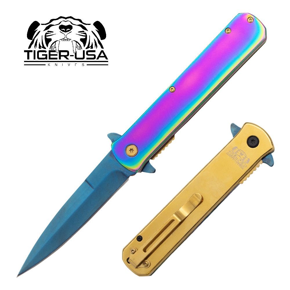 9" Assisted Opening Tactical Pocket Knife Steel Blue Blade & Titanium Handle - AnyTime Blades