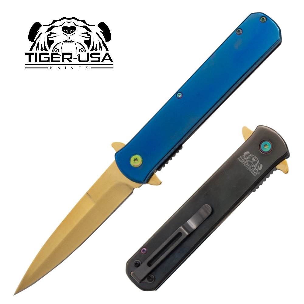 9" Assisted Opening Tactical Pocket Knife Steel Gold Blade & Blue Handle - AnyTime Blades