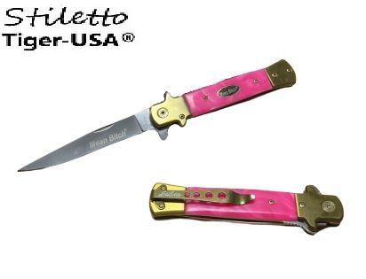 9 Inch Eurotop Stiletto knife - Pink Marble with Mean Bitch - AnyTime Blades