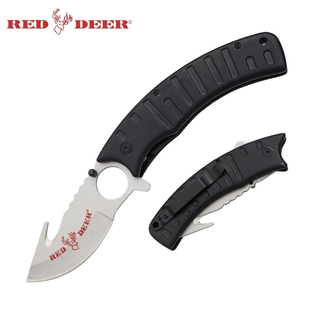 9" Red Deer Black Handle and Silver Blade Assisted Open Gut Hook Pocket Hunting Knife - AnyTime Blades
