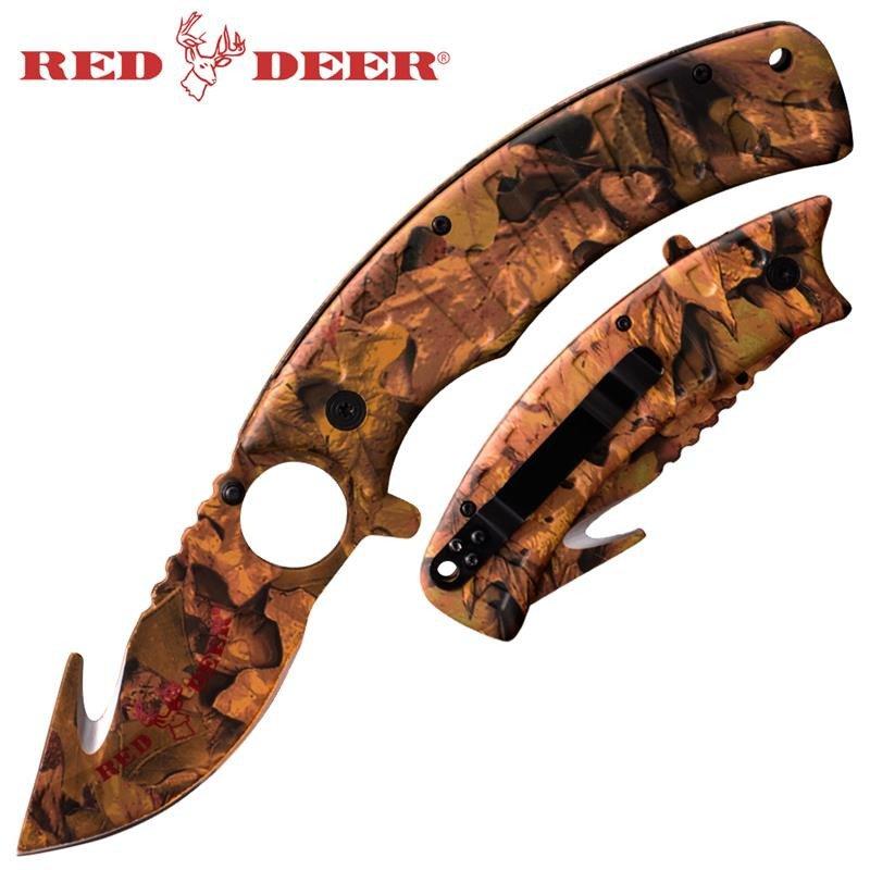 9" Red Deer  Brown Camo Assisted Open Gut Hook Pocket Hunting Knife - AnyTime Blades
