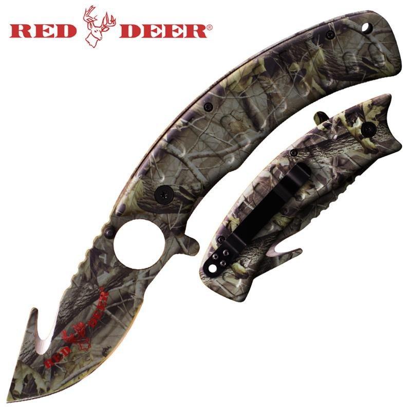 9" Red Deer Gray Camo Assisted Open Gut Hook Pocket Hunting Knife - AnyTime Blades