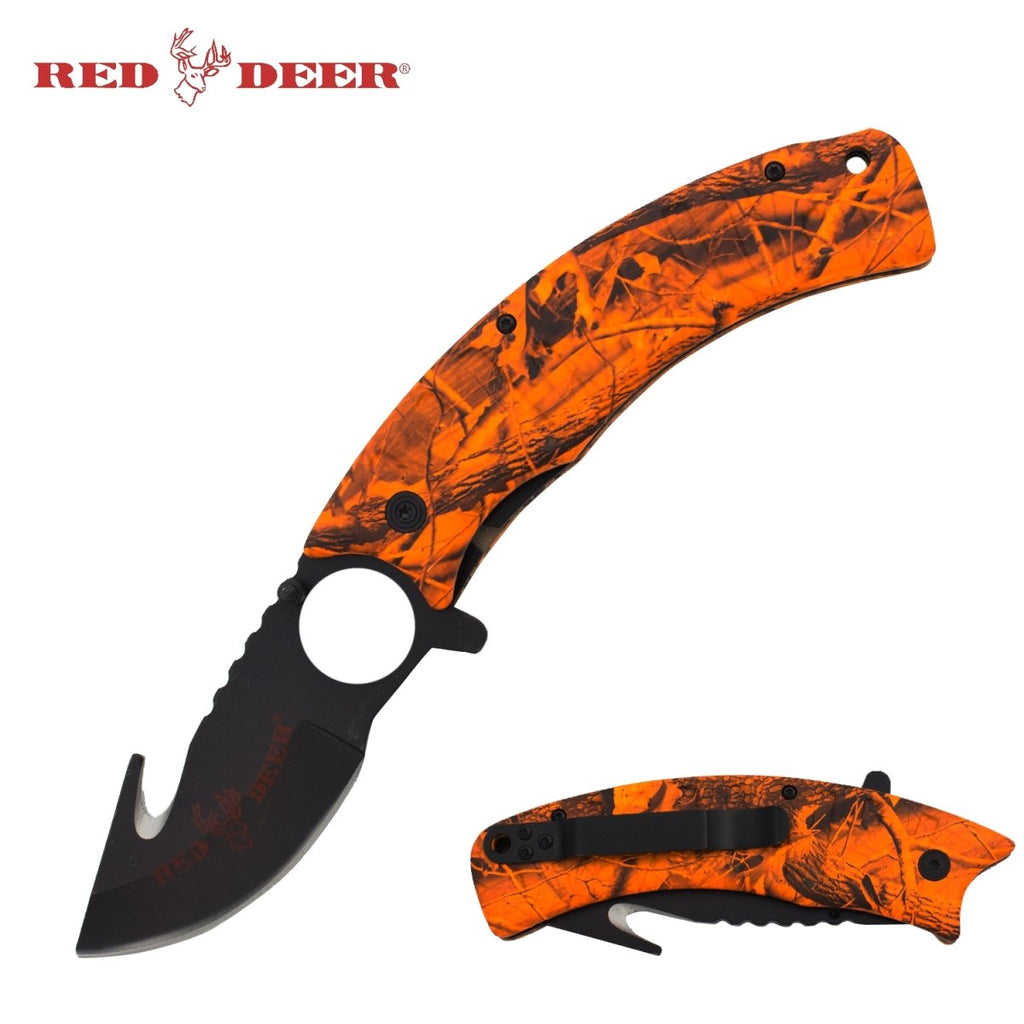 9" Red Deer Hunter Orange Tree Camo Assisted Open Gut Hook Pocket Hunting Knife - AnyTime Blades