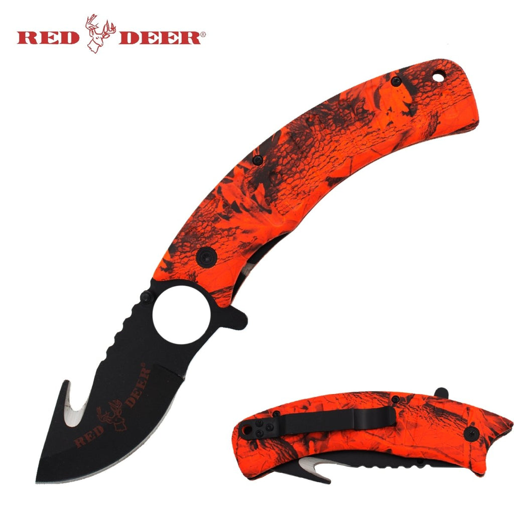 9" Red Deer Hunter Red Orange Tree Camo Assisted Open Gut Hook Pocket Hunting Knife - AnyTime Blades