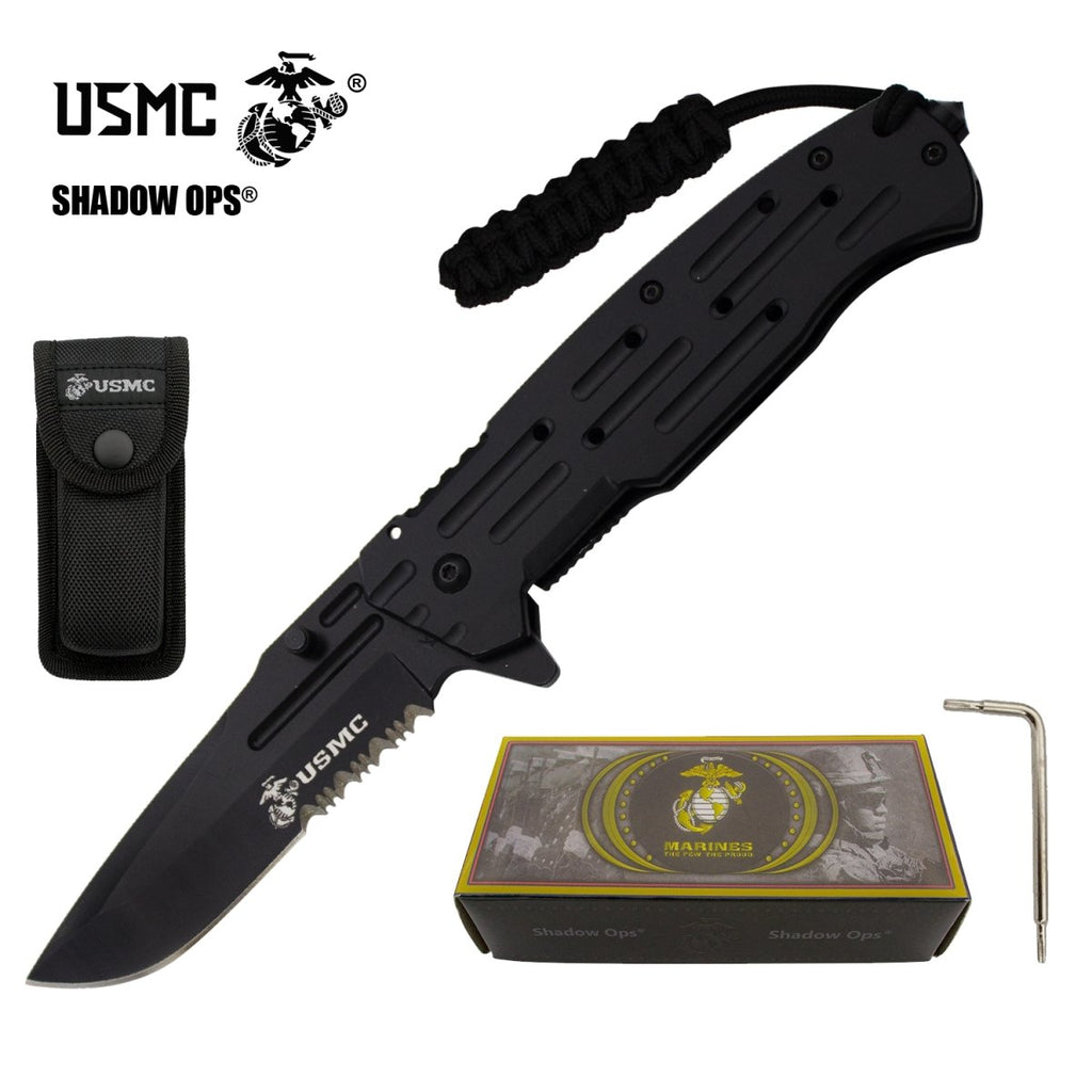 9" USMC Officially Licensed US Marines ALL BLACK Ball Bearing Action Blade Tactical Rescue Pocket Knife Belt Case - AnyTime Blades