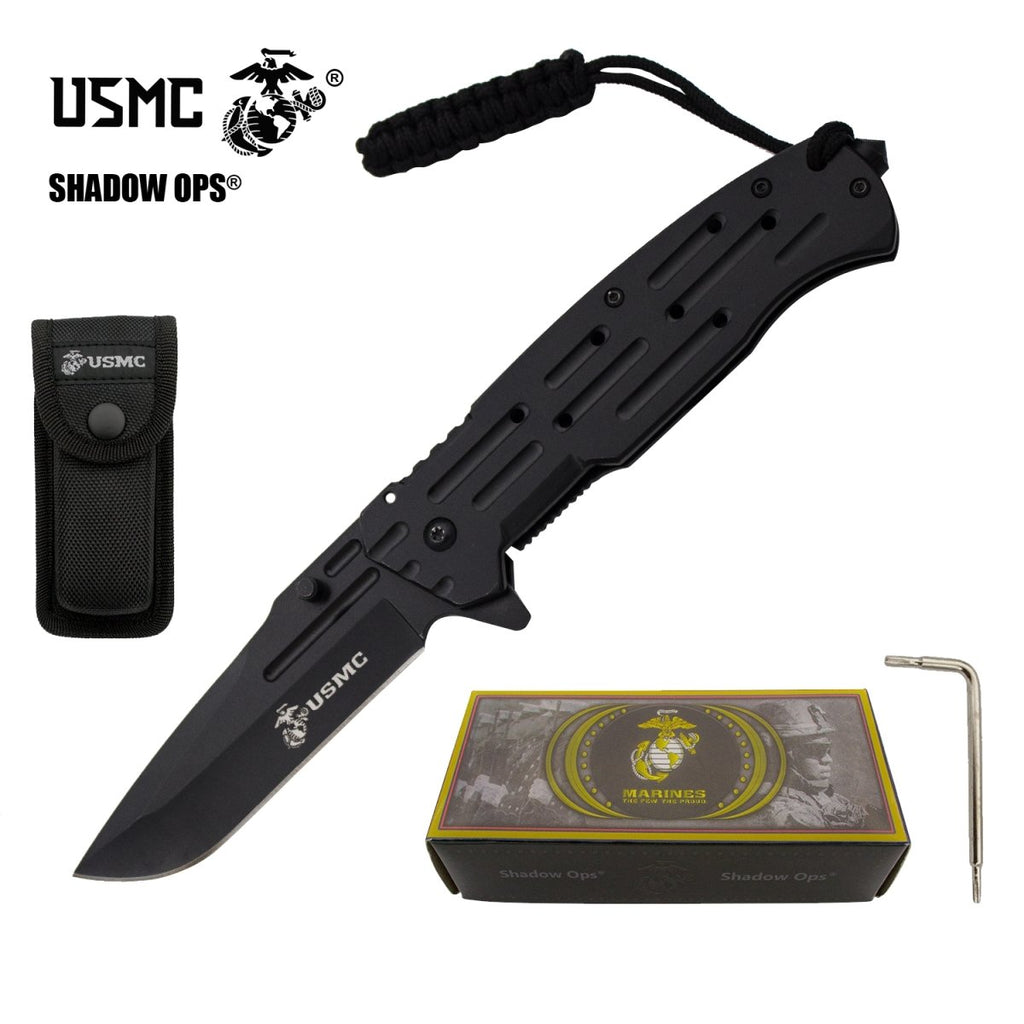9" USMC Officially Licensed US Marines ALL BLACK Ball Bearing Action Blade Tactical Rescue Pocket Knife Belt Case - AnyTime Blades