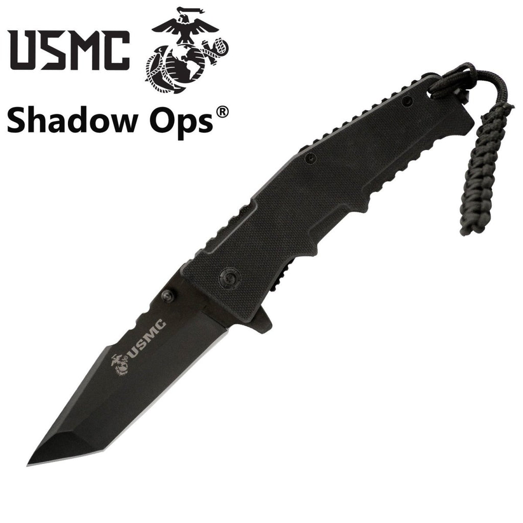 9" USMC US Marines G10 Handle Ball Bearing Action Blade Tactical Rescue Pocket Knife With Belt Case! (Tanto Blade) - AnyTime Blades