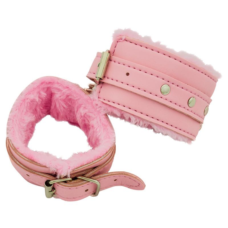 Pink leather handcuffs with fuzzy interior - AnyTime Blades
