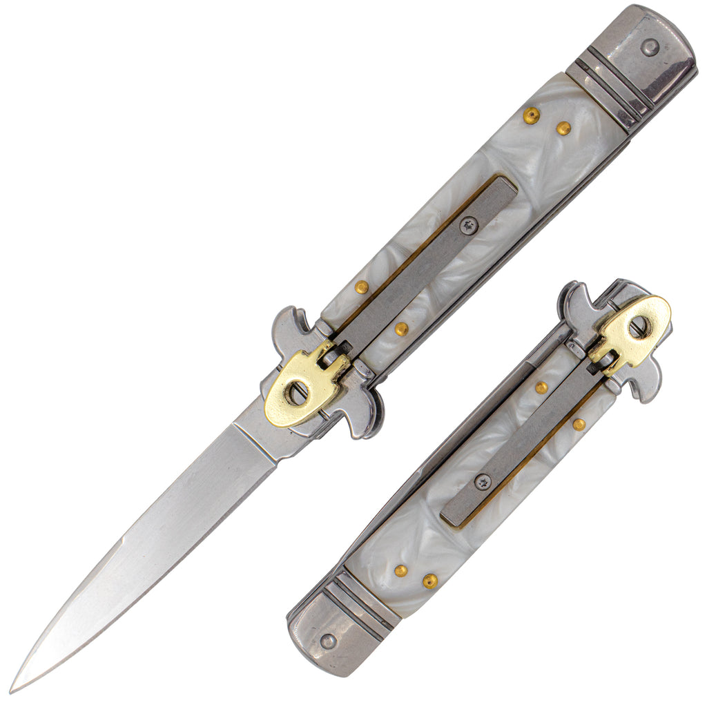 7.5" Leverletto Stiletto Automatic Knife - White Pearl - AnyTime Blades