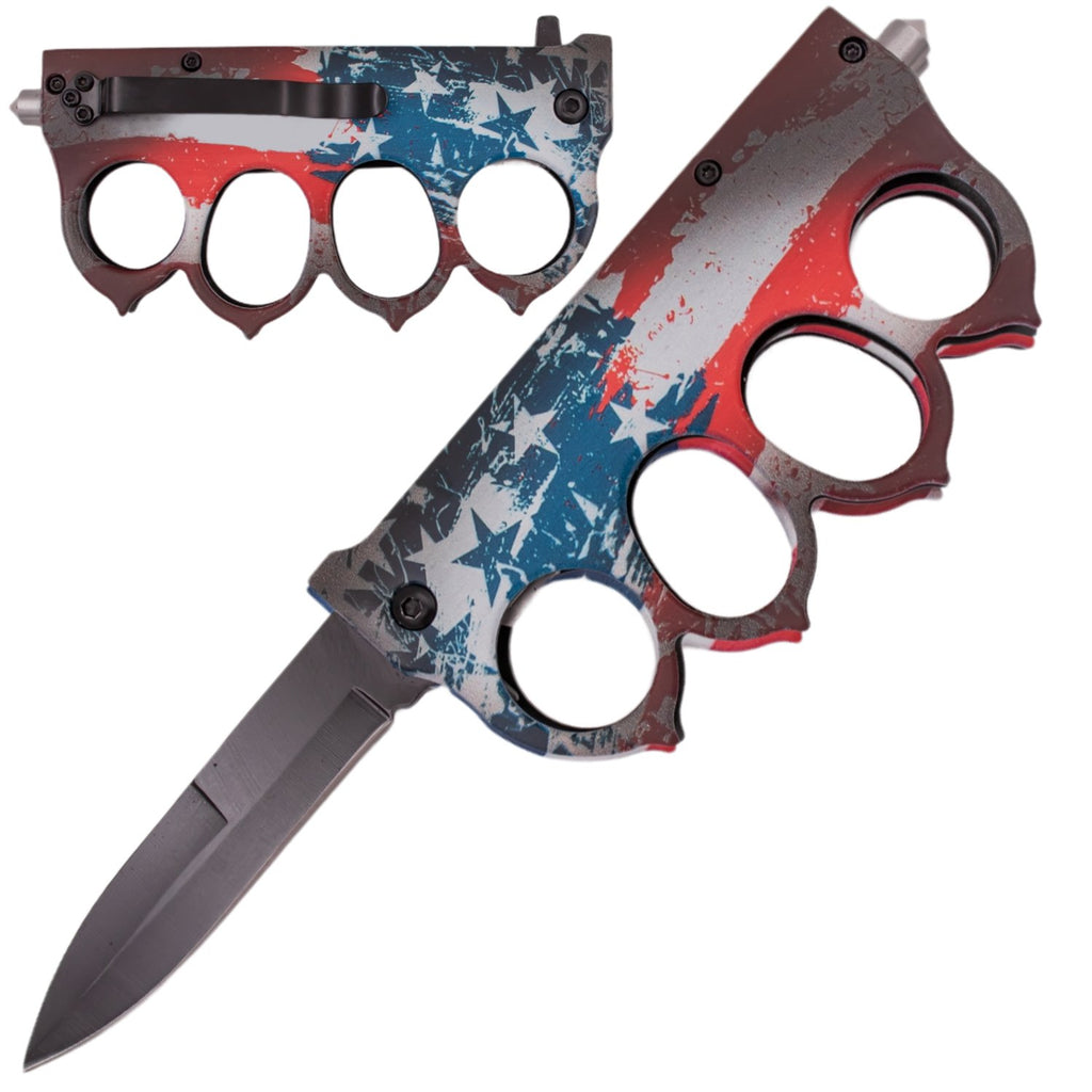 9" Spring Assisted Open American Flag Folding Trench Knife - AnyTime Blades