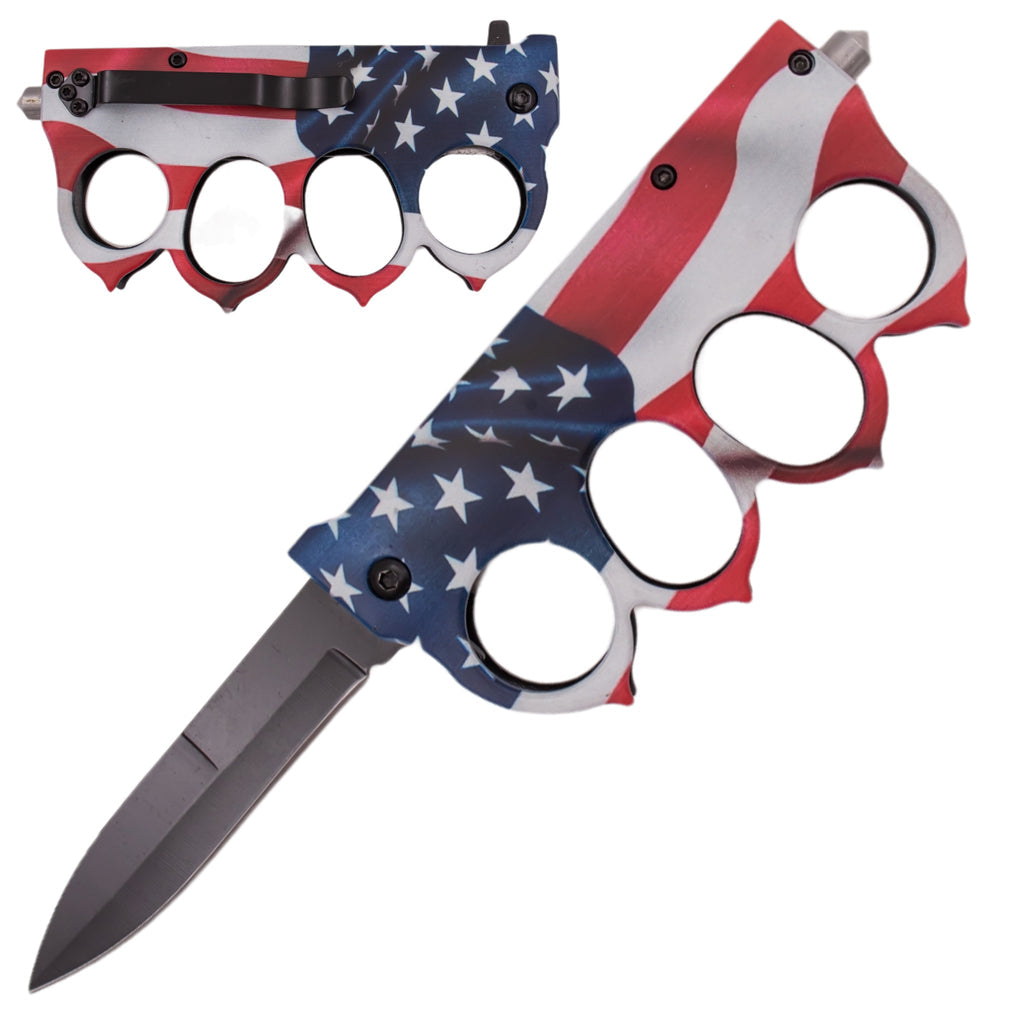 9" Spring Assisted Open American Flag Folding Trench Knife - AnyTime Blades