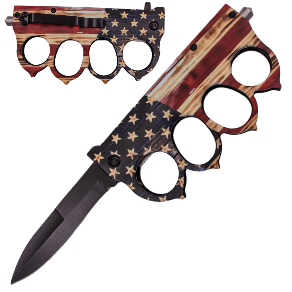 9" Spring Assisted Open American Flag Folding Trench Knife - AnyTime Blades