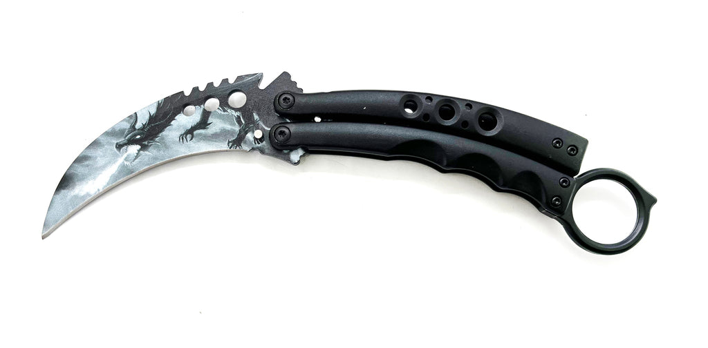 8.5" Butterfly Karambit - Black and White Dragon - AnyTime Blades