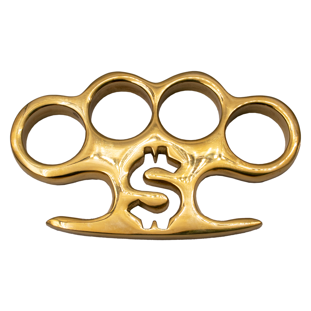 Solid brass knuckles shaped like dollar signs for self-defense or decoration. Dollar sign brass knuckles for self-protection, crafted from solid brass for durability.