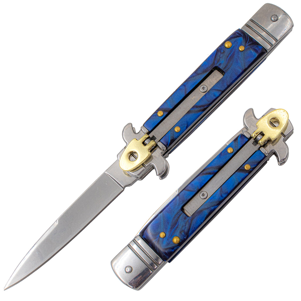 7.5" Leverletto Stiletto Automatic Knife - Blue Pearl - AnyTime Blades