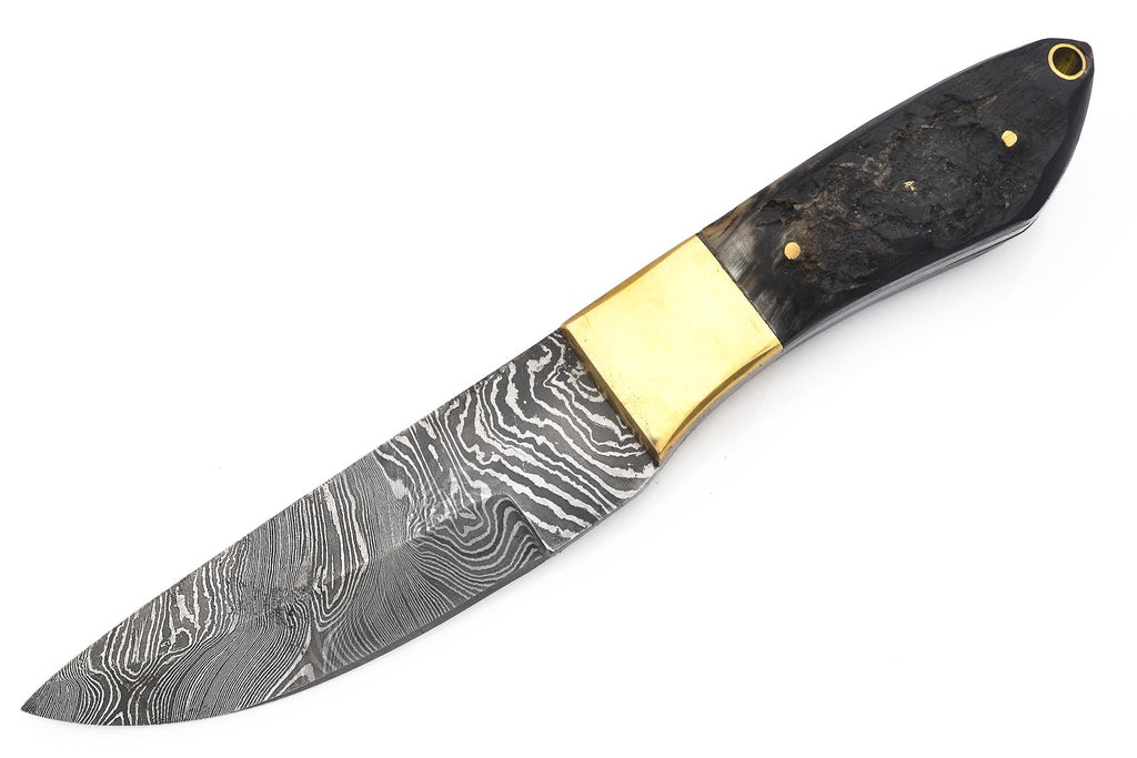 8" Red Deer Damascus Hunting Knife with Leather Sheath - AnyTime Blades