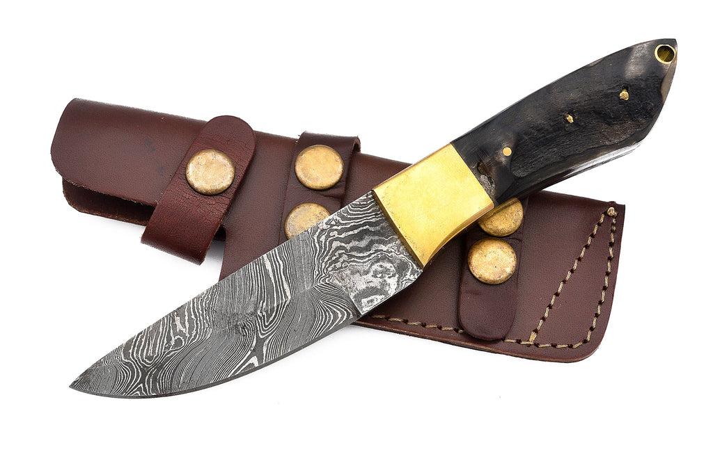 8" Red Deer Damascus Hunting Knife with Leather Sheath - AnyTime Blades