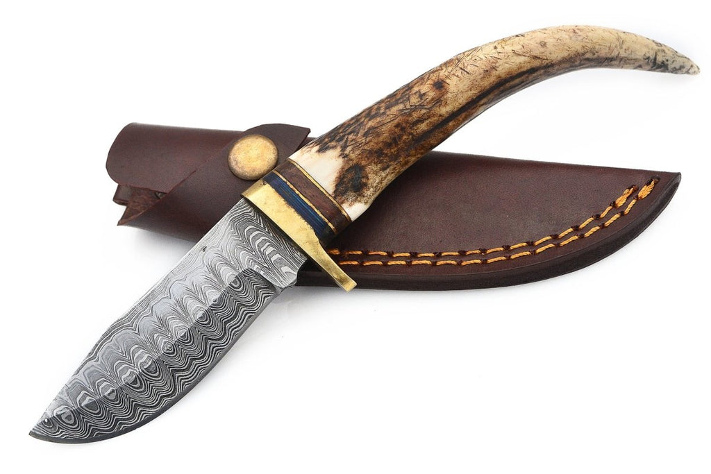 10" Red Deer Damascus Hunting Knife with Real Stag Handle and Leather Sheath - AnyTime Blades