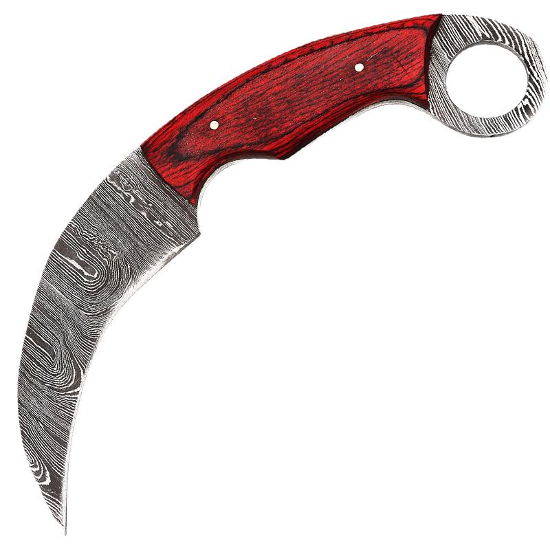 Real Damascus Steel with Genuine Leather Sheath Karambit Fixed Blade Hunting Knife - AnyTime Blades