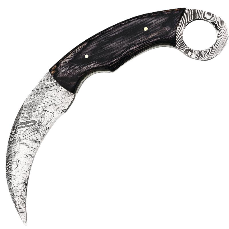 Real Damascus Steel with Genuine Leather Sheath Black Wood Karambit Fixed Blade Hunting Knife - AnyTime Blades