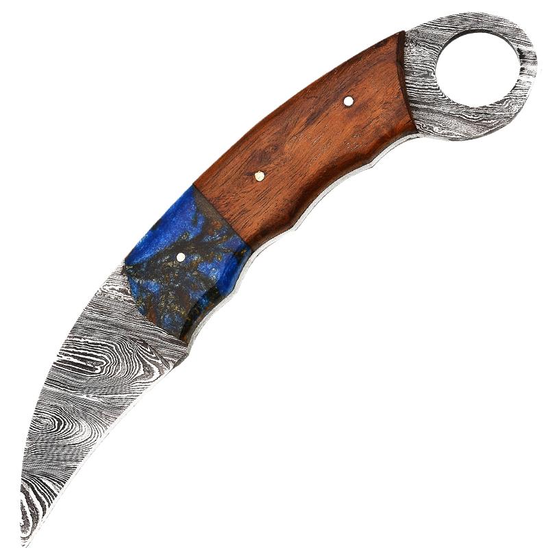 Real Damascus Steel with Genuine Leather Sheath Light Blue Fixed Blade Hunting Knife - AnyTime Blades