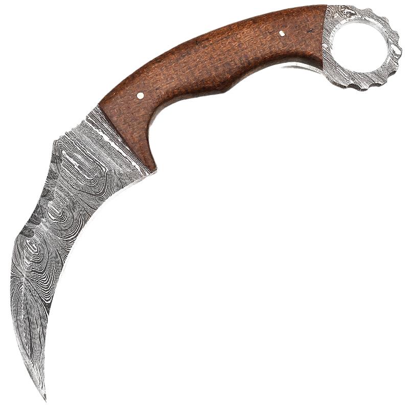 Real Damascus Steel with Genuine Leather Sheath Brown Hilt Fixed Blade Karambit Hunting Knife - AnyTime Blades