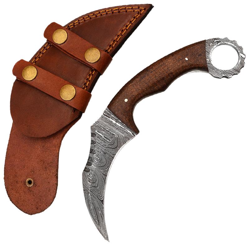 Real Damascus Steel with Genuine Leather Sheath Brown Hilt Fixed Blade Karambit Hunting Knife - AnyTime Blades
