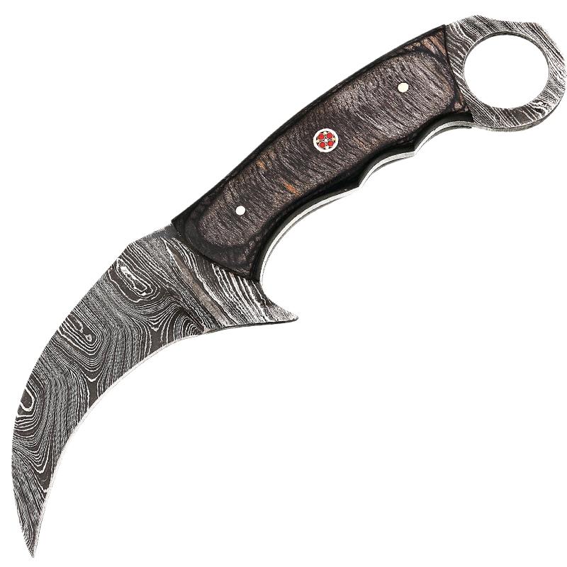 Real Damascus Steel with Genuine Leather Sheath Karambit Fixed Blade Hunting Knife Blackwood Handle - AnyTime Blades