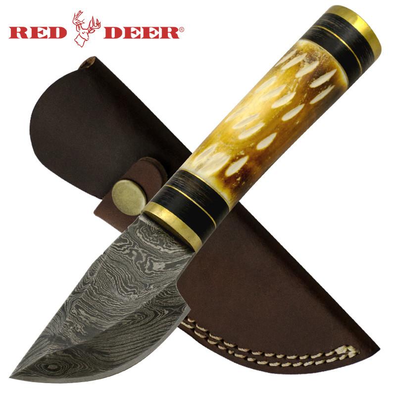 Red Deer Short Blade Burning Bone Real Damascus Fixed Blade Hunting Knife - AnyTime Blades