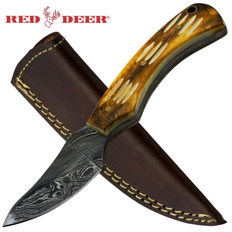 Red Deer Full Tang Damascus Hunting Knife Bone Handle - AnyTime Blades