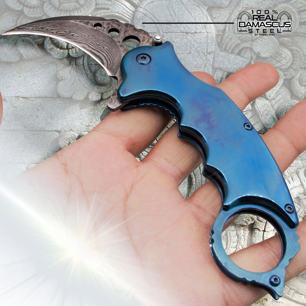 6.85" Damascus Folding Karambit - Blue Handle